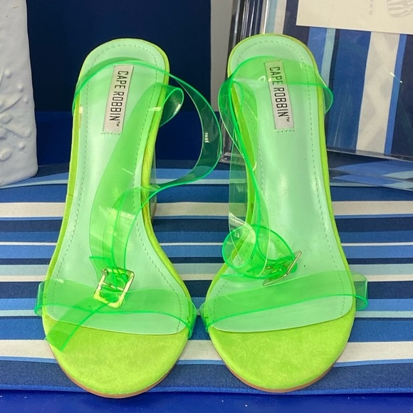 Fashion nova neon green clear transparent ankle strap square heel sandals Sz 10 - Picture 11 of 16